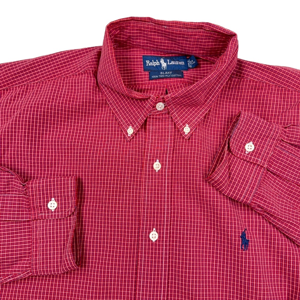 Ralph Lauren Shirt Men XL Red Blue Button Up Blake Two Ply Cotton Poplin Dress